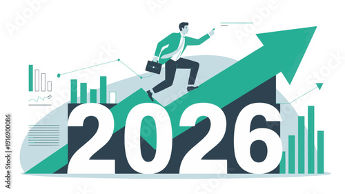 Modern 2026 business growth vector illustration, upward arrow and rising charts, data analytics forecast concept for finance