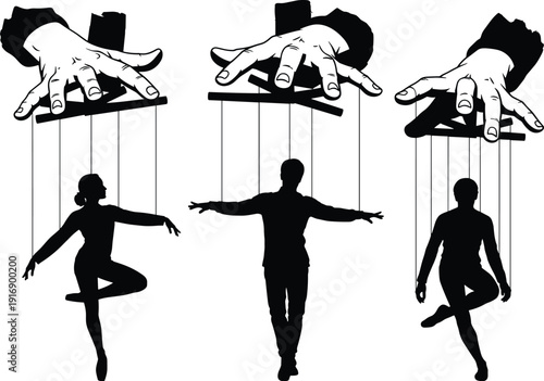 Black and white of marionettes controlled by hands puppet strings