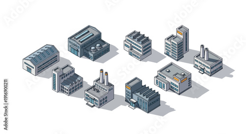Collection of isometric industrial buildings and factories representing various types of manufacturing and production facilities