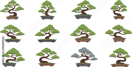 Bonsai tree collection with miniature Japanese plants in pots representing zen garden, nature, and traditional oriental art illustrated in flat vector style