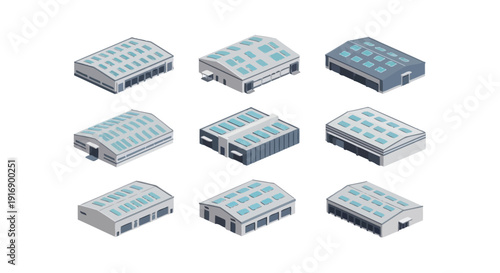 Isometric Industrial Buildings Collection Warehouses, Factories, and Storage Units