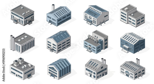 Set of isometric industrial buildings and factories with chimneys and different architectural designs on white background