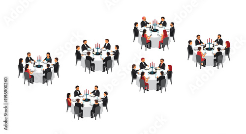 Guests in formal wear are seated around several round tables, enjoying a fancy dinner party with elegant place settings.