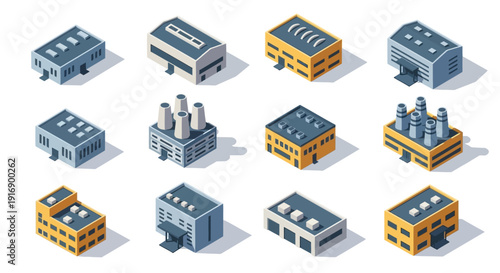 Collection of isometric industrial buildings and factories with chimneys, representing manufacturing and production facilities in a stylized, graphic art style