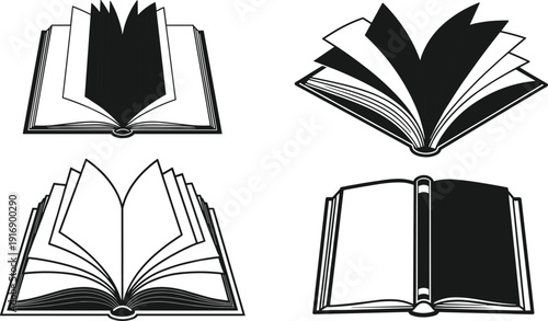 Black and white of open books with different page positions pages book covers