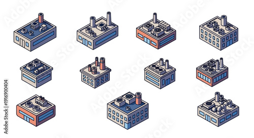 Collection of isometric industrial buildings and factories, representing manufacturing and production facilities with chimneys