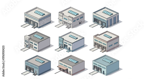 Isometric vector illustrations of various modern commercial buildings and warehouses, presented in a clean, simple style