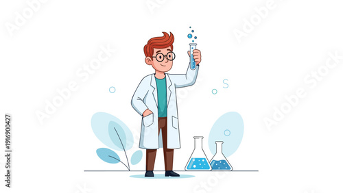 Friendly cartoon scientist in a white lab coat holds up a blue test tube while standing near glass beakers in a clean laboratory setting.