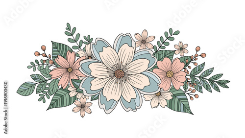 Elegant floral arrangement features a large central flower in soft colors surrounded by smaller blossoms and detailed green leaves on a white base.
