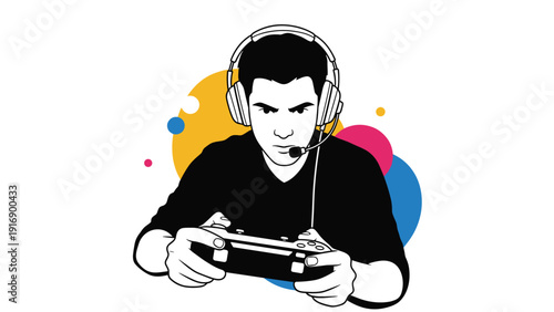 Intense black and white graphic shows a young gamer wearing a headset and focusing on his controller while playing a fast-paced game.