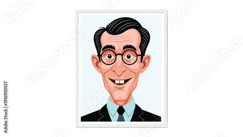 Comic caricature of a smiling man with glasses and a suit is presented in a simple white frame for a lighthearted and humorous portrait concept.