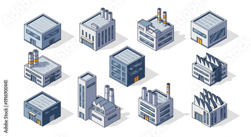 Collection of isometric factory and industrial building icons in a clean, modern style