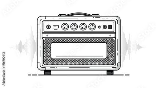 Minimalist line art illustration of a vintage guitar amplifier is shown with sound waves radiating out from both sides on a clean white background.
