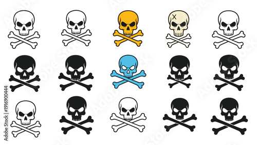 Grid of fifteen stylized skull and crossbones icons are presented in different colors and styles for use as decorative elements or danger symbols.