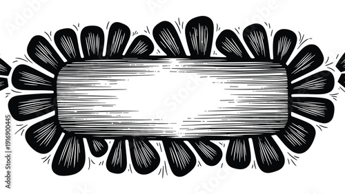 Decorative black and white frame features hand-drawn floral petals surrounding a central horizontal rectangular space for text or image display.