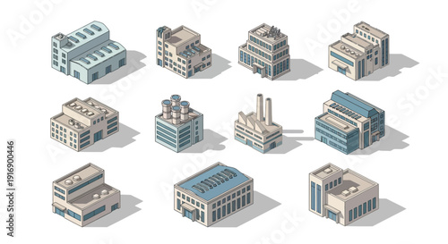Collection of isometric industrial buildings and factories with diverse architectural styles and functions