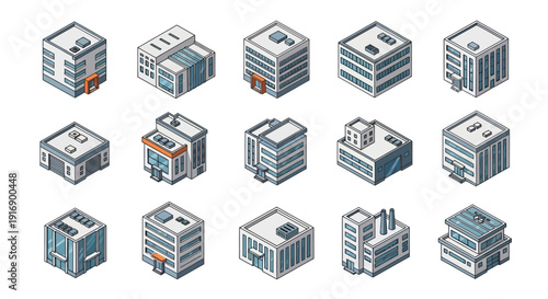 Isometric architectural building icons set for urban planning and city design projects
