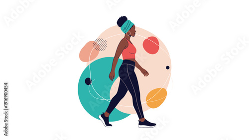 Young black woman wearing fitness attire is walking for exercise against a background of abstract shapes and colorful circular design elements.