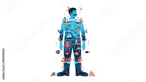 Surreal illustration of a man with his body filled with ocean waves, boats, and marine life representing deep inner thoughts and emotions.