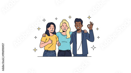 Diverse group of three friends stands together hugging while showing positive hand gestures like thumbs up and okay sign to represent teamwork.