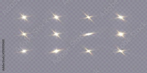 Set of glowing star light effects on transparent background. Perfect for adding sparkle to Christmas designs, luxury product ads, cosmetic packaging, magic scenes, logo highlights and shiny photo over