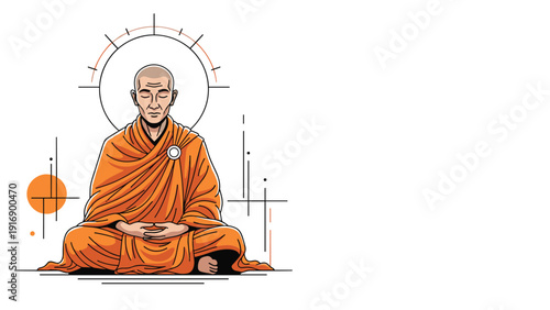 Peaceful Buddhist monk wearing a traditional orange robe is sitting in deep meditation with an abstract circular halo and geometric lines behind.