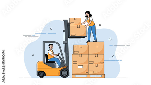 Warehouse logistics scene shows workers efficiently organizing and moving cardboard boxes onto a wooden pallet using an orange industrial forklift.