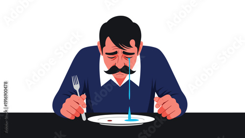 Sad man with a mustache is seen crying over an empty white plate with a single crumb to illustrate themes of poverty, hunger, or deep sorrow.