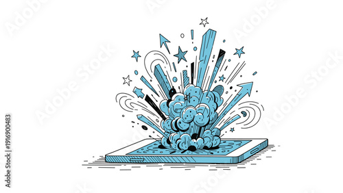 Stylized blue explosion of stars, arrows, and geometric shapes is bursting out from the screen of a modern smartphone to signify a digital impact.