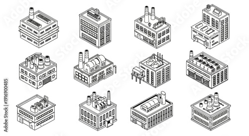Isometric vector illustrations of various industrial buildings and factories with chimneys and smoke stacks, representing manufacturing and production