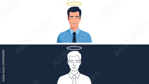 Conceptual illustration shows a man with a golden halo in two styles with a colored version on top and a simple line art drawing below for contrast.