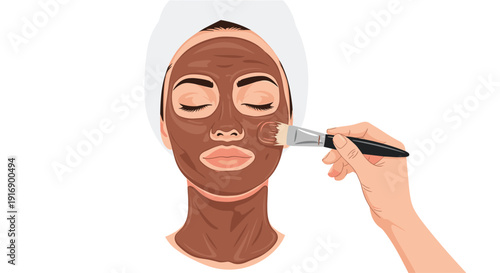 A woman with a white towel on her head uses a brush to apply a brown face mask for skin treatment.