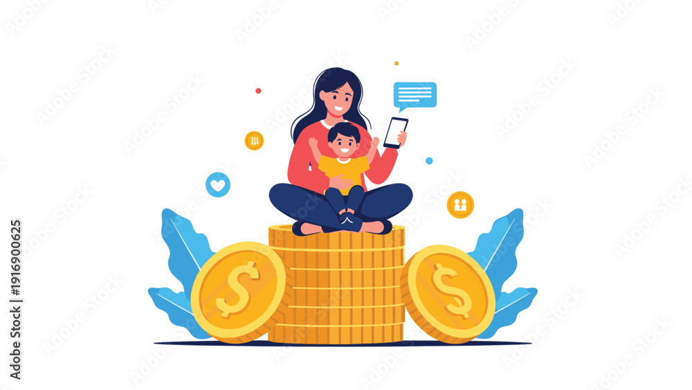 Naklejka premium Mother and her young child sit happily on stacks of golden coins while using a smartphone, symbolizing family savings and investment.