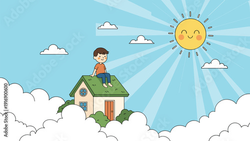 Whimsical illustration features a small boy sitting on the roof of a house floating among fluffy white clouds under a smiling sun.