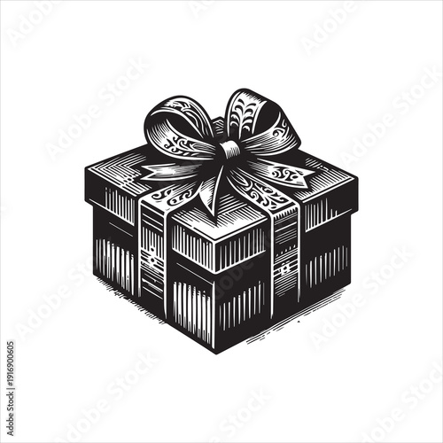 A black and white vector illustration of a gift box with a decorative bow on top, set against a clean white background.