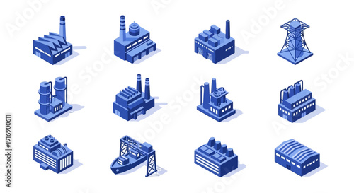 Collection of Isometric Blue Industrial Buildings and Structures representing factories, power plants, and warehouses