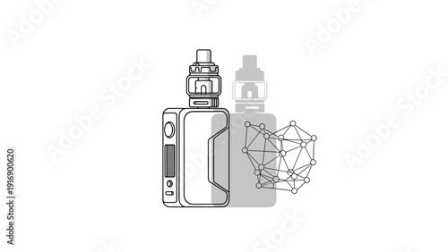 Technical illustration of an electronic cigarette device paired with a molecular network diagram, representing vaping chemistry and tech.