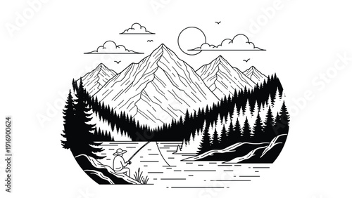Serene line art illustration depicts a lone fisherman sitting by a calm lake with a vast mountain range and pine forest in the background.