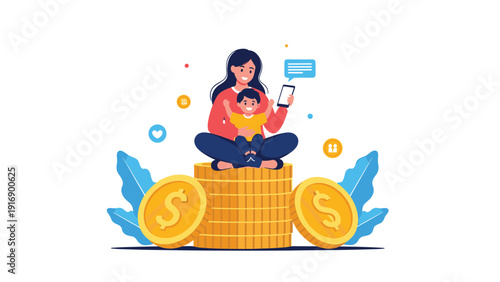 Mother and her young child sit happily on stacks of golden coins while using a smartphone, symbolizing family savings and investment.