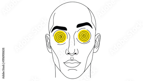Striking line art of a human face features bright yellow hypnotic spirals in the eyes, suggesting mind control or deep trance.