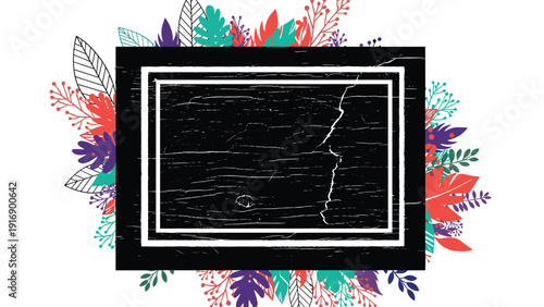 Stylish black distressed wooden frame is surrounded by an artistic arrangement of colorful tropical and forest leaves on a white background.