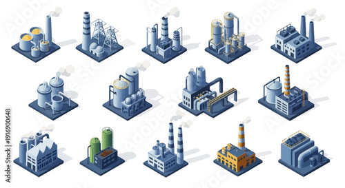 Isometric industrial factories and power plants for city building and urban development