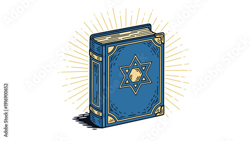 Sacred blue Torah book features a golden Star of David on its cover, radiating rays of light to symbolize faith and wisdom.