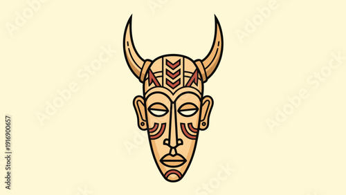 Detailed illustration of a traditional African tribal mask featuring long curved horns and intricate geometric patterns on a beige background.