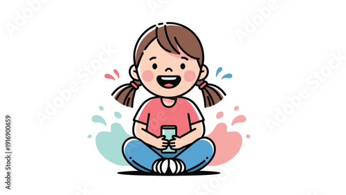 Cheerful little girl with pigtails and a pink shirt sits on the floor, smiling happily with playful color splashes in the background.