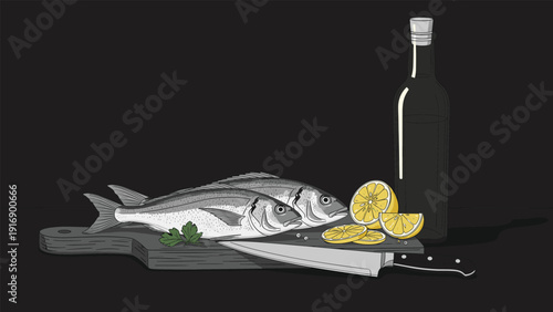 Culinary still life shows fresh fish on a dark cutting board accompanied by lemon slices, herbs, a knife, and a bottle of wine.