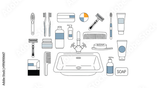 Collection of bathroom icons includes a sink, soap, toothbrushes, razors, combs, and various bottles for personal hygiene and care.