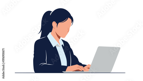 Professional woman with her hair in a ponytail is focused on working or studying using a laptop at a desk, representing modern productivity.