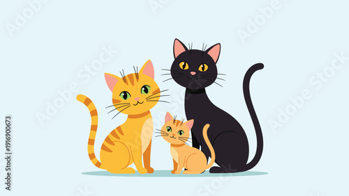 Three adorable cats, including a ginger tabby, a sleek black cat, and a small kitten, sit together as a happy feline family.