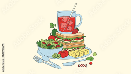 Appetizing healthy meal includes a large multi-layered sandwich, a fresh green salad bowl, and a tall glass of iced berry juice.